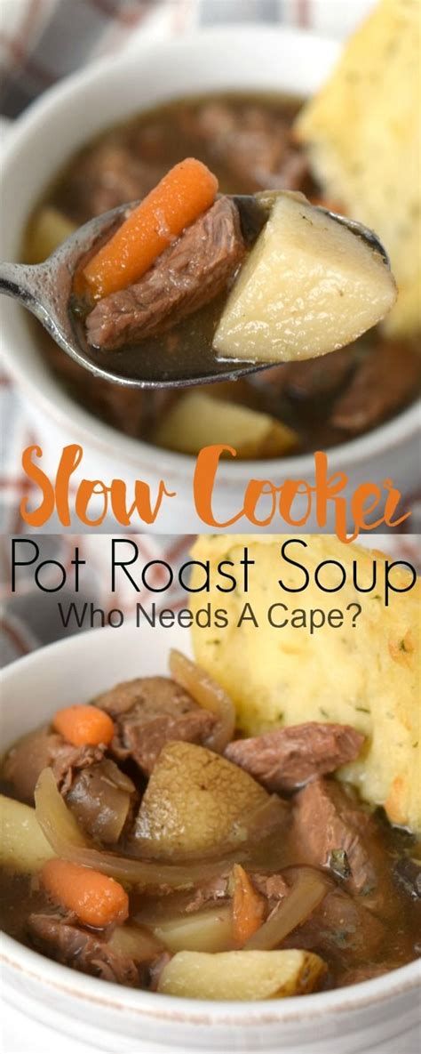 I'm not sure what happened here. Slow Cooker Pot Roast Soup has tender beef, loads of ...