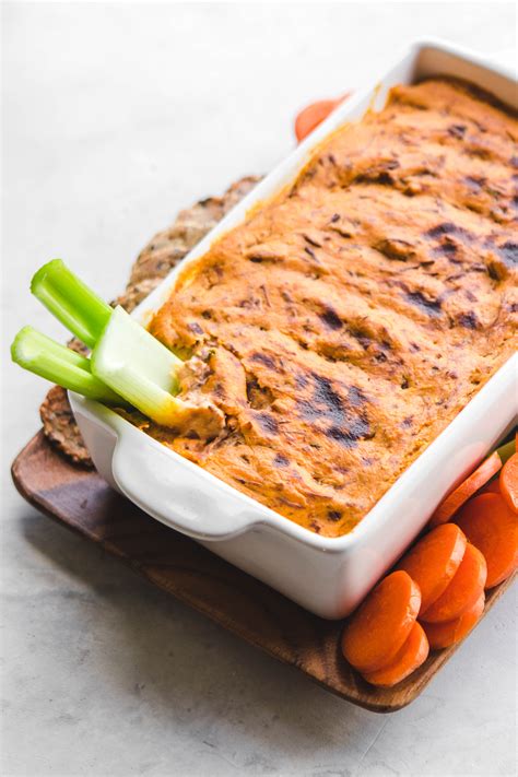 The dip is best served hot, with a lot of cheddar cheese and cream cheese you'll want to be sure it stays. Healthy Buffalo "Chicken" Dip (Vegan & Dairy Free) - From ...
