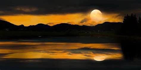 Nature Landscape Night Moon Moonlight Full Moon Clouds Lake