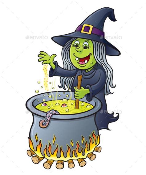Witch Stirring A Hot Bubbling Cauldron Papel Cartoon Drawings
