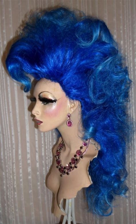 Drag Queen Wig Teased Big Long Dark Blue With Light Blue Ends Big Bangs