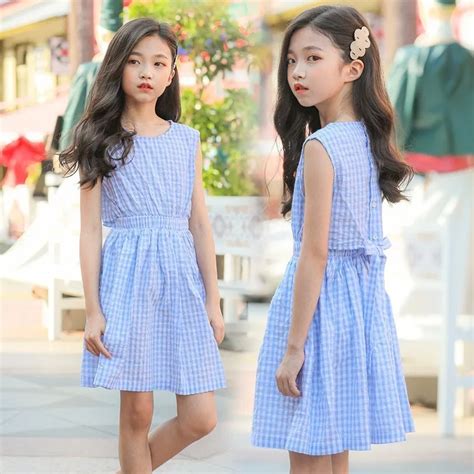 Summer 2019 Cotton Sleeveless Plaid Teenage Girls Dresses Size 8 10 12