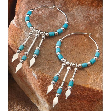 Sterling Silver Hoop Earrings With Turquoise Heishi Beads