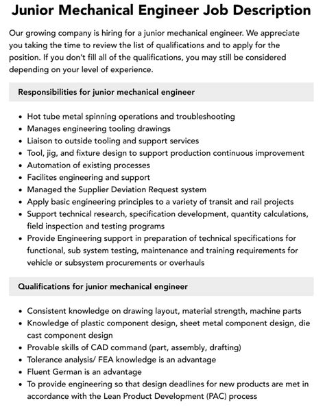 Junior Mechanical Engineer Job Description Velvet Jobs