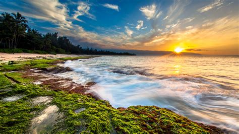 Hawaii Sunset Ocean Beach Waves Cl 3840 × 2160 Wallpaper