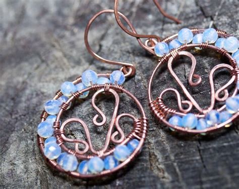 Spiral Opalite Moonstone Earrings Wire Wrapped Copper Hoop Etsy
