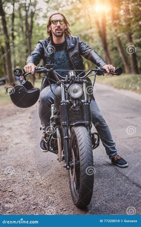 Biker Man Sitting On His Motorcycle Stock Photo Image Of Adult