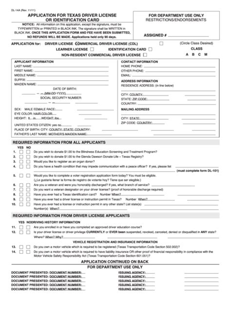 Fillable Form Dl 14a Application For Texas Driver License Or