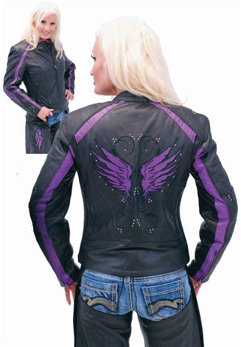 Womens Leather Motorcycle Jacket With Purple Embroidered Wings On Each