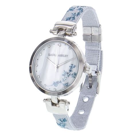 Wholesale Laura Ashley Floral Mesh Band Watch Silver And Blue Kelli