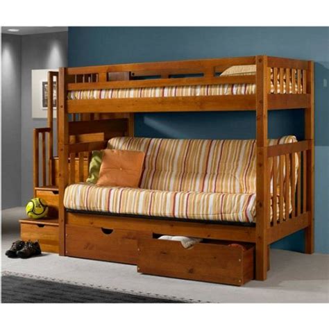 The wooden bunk beds with steps bring a contemporary look to the bedroom. Twin over Full Futon Bunk Bed with Stairs in Honey Finish