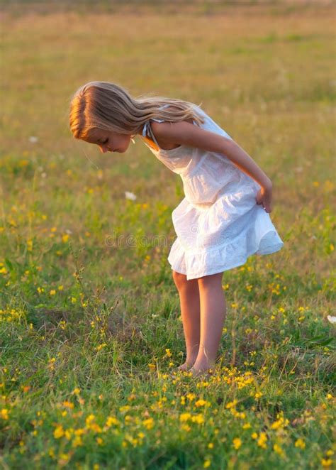 Śliczna Mała Dziewczynka W Biel Sukni Na łące Zdjęcie Stock Obraz