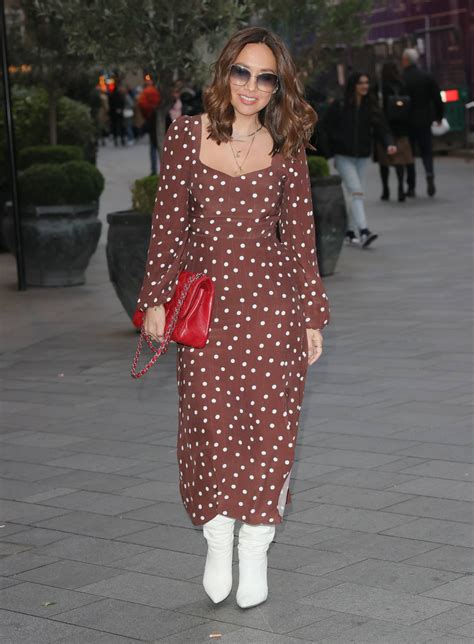 Myleene Klass Wearing A Polka Dot Dress And Knee High Boots At Smooth Radio In London 04