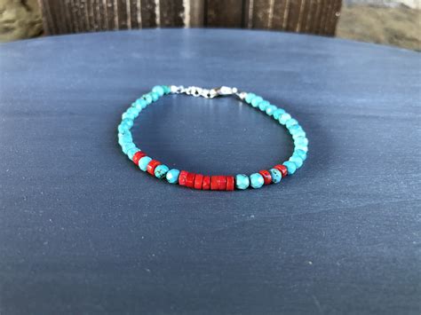 SALE Turquoise And Coral Beaded Bracelet Blue And Red Bracelet Etsy