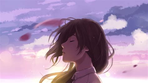 Download 480x854 Anime Girl Closed Eyes Profile View Scenic Clouds