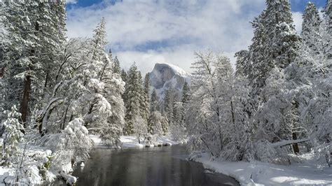 Download Wallpaper 3840x2160 Mountain River Snow Trees