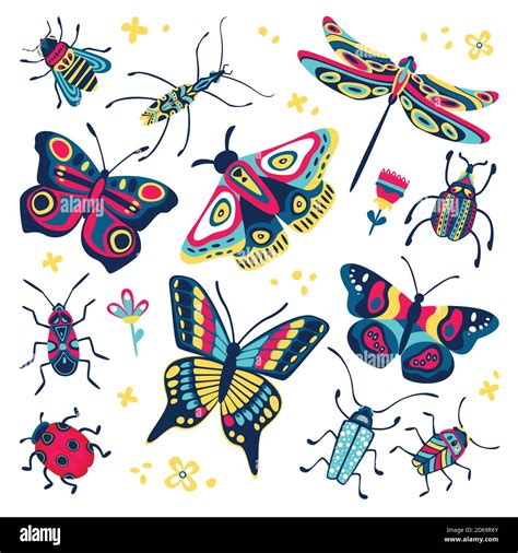 Colorful Cute Butterflies Beetles And Bugs Set Vector Flat Cartoon Illustration Creative