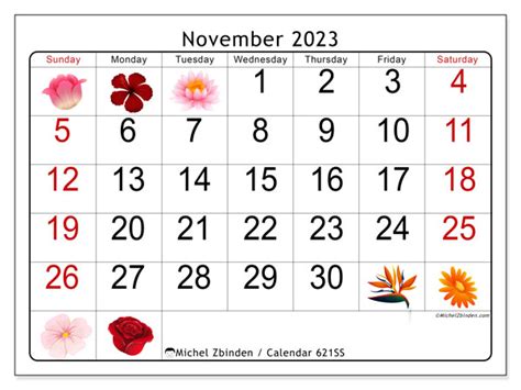 November 2023 Printable Calendar “621ss” Michel Zbinden Hk