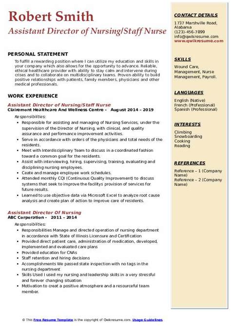 assistant director  nursing resume samples qwikresume