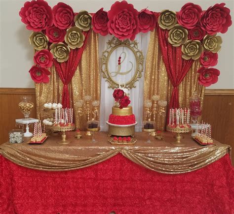 quinceanera dessert table 15th birthday party red and gold decorations quinceanera