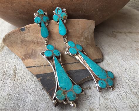 Long Signed Zuni Silver Turquoise Inlay Earrings For Women Native