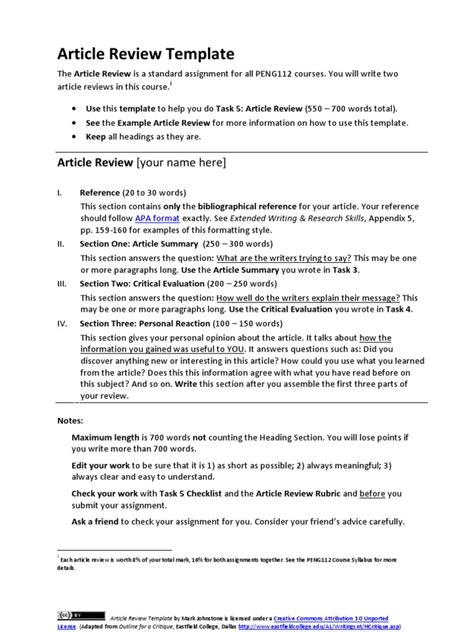Article Review Template Pdf Learning Cognition