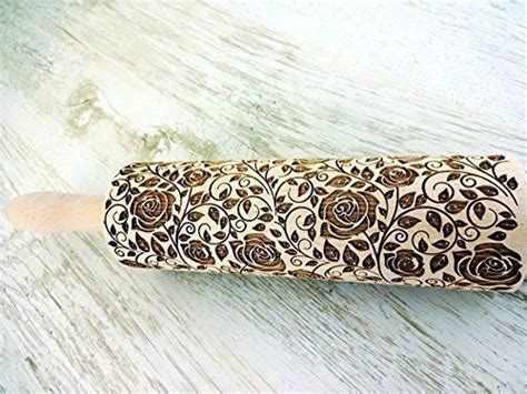 Damascus Roses Wooden Embossing Rolling Pin Laser Engraved Dough Roller