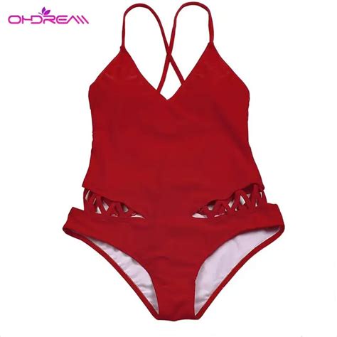 Ohdream New One Piece Swimsuit Women Solid Red Hollow Out Bathing Suit Sexy Bandages Swimming