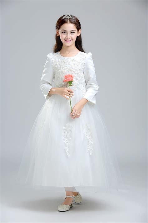 2016 White Bead Lace Long Sleeve Flower Girl Dresses For Wedding Ball
