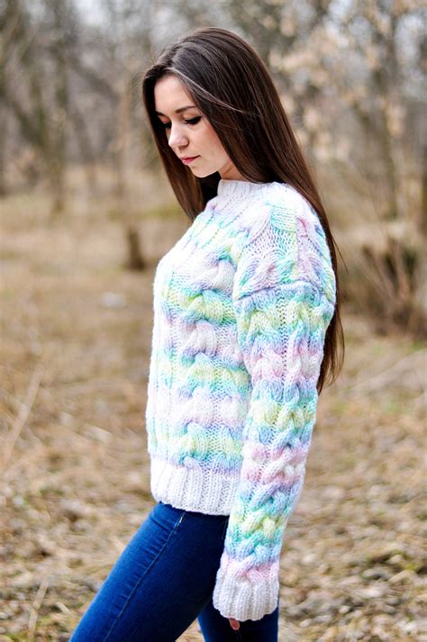 Women Knitted Sweater Rainbow Color Hand Made Work Etsy