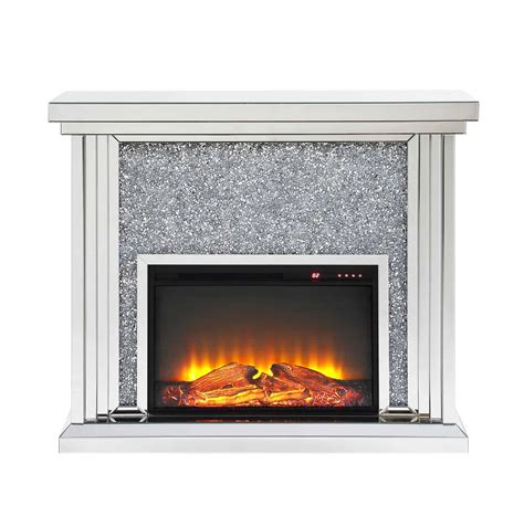 Benzara BM196008 Wood & Mirror Electric Fireplace with Faux Crystals 