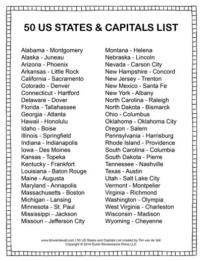 Printable List Of 50 States 8 Best Images Of Us State Capitals List