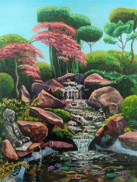 Waterfall Art Japanese Garden Landscape Oil Painting Etsy