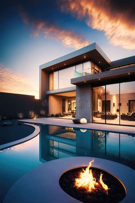 Modern Mansion Surrounded With Swimming Pool And Fireplace Created