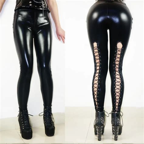 Free Shipping Legging Black Ripped Faux Leather Sexy Leggings High
