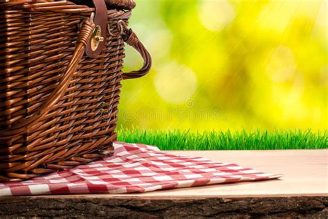 Photo About Picnic Basket On The Table And Nature Background Image Of