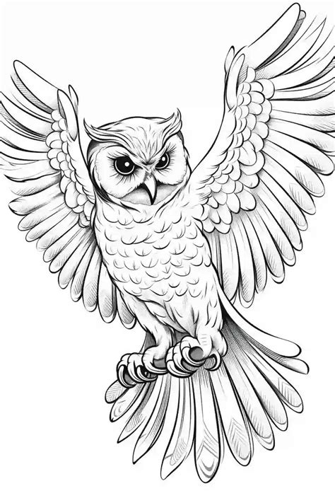 An Owl Flying With Its Wings Spread And Eyes Wide Open Black And White Drawing