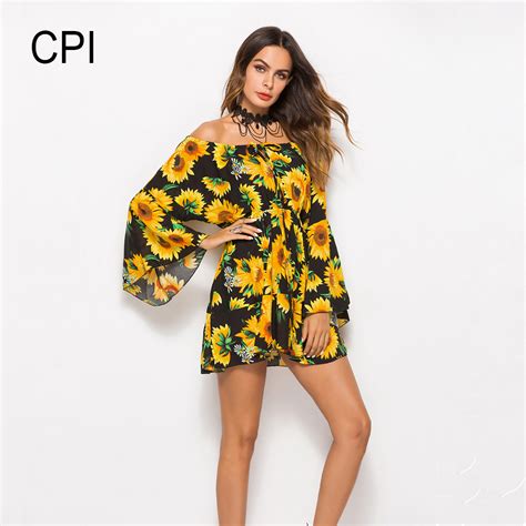 Cpi Summer Sexy Women Bohemian Party Mini Dress Floral Print Off Shoulder Flare Sleeve Beach
