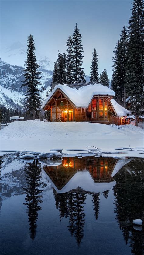 Download Wallpaper 800x1420 House Mountains Snow Lake Beautiful