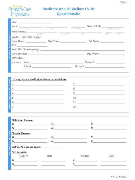 Md Primary Care Physicians Medicare Annual Wellness Visit Questionnaire