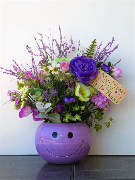 Flower Arrangement Mothers Day Floral Purple Decor Smiley Etsy