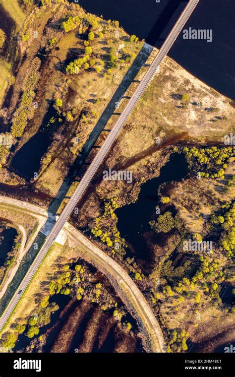 Road Through Wetlands Aerial Bridge Across Pripyat River Floodplains