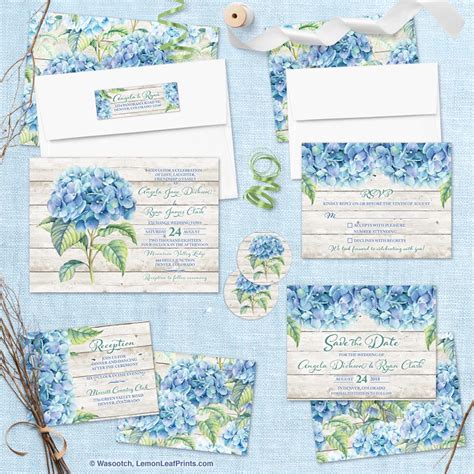Beautiful Rustic Blue Hydrangea Wedding Invitation Suite