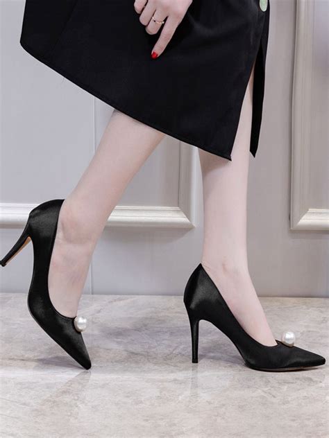women s high heels satin slip on pointed toe stiletto heel pearls chic low tops pumps