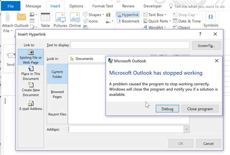 Insert Hyperlink Causing Outlook To Stop Microsoft Community