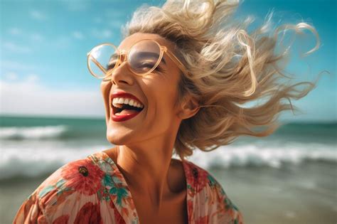 Premium Ai Image Happy Mature Woman At The Beach