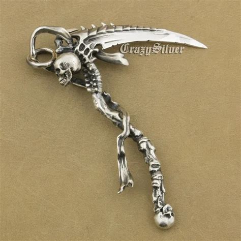 Linsion Huge Heavy 925 Sterling Silver Grim Reaper Skull Sickle Scythe