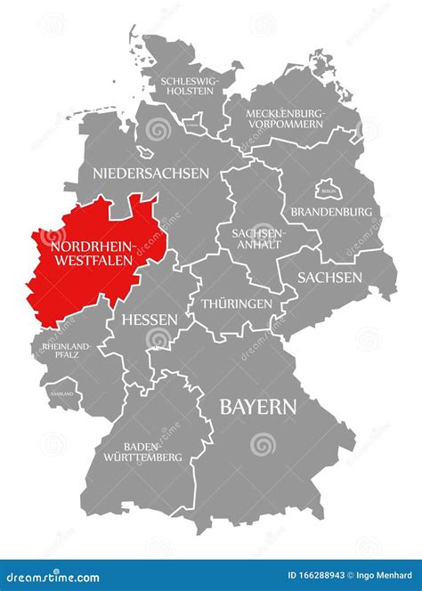 Nordrhein Westfalen Rot Auf Der Karte Deutschlands Hervorgehoben Stock