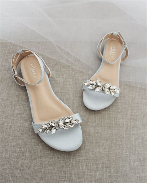 Light Blue Satin Flat Sandal With Butterfly Brooch And Ankle Strap