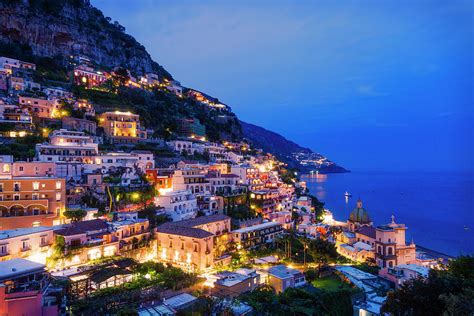 Cliff Side Buildings Illuminated At Night Positano Amalfi Coast